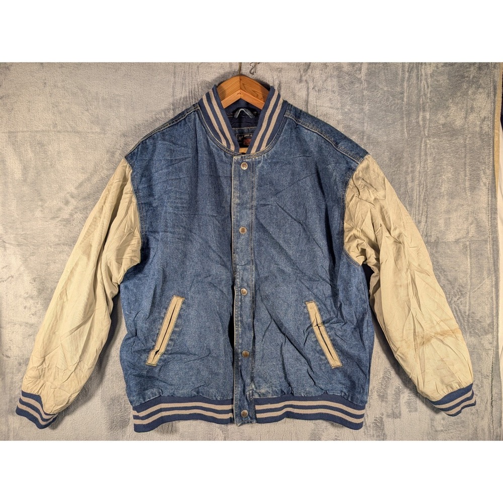 Route 66 Men's Vintage Denim Varsity Bomber Jacket Tan Sleeves Size Large